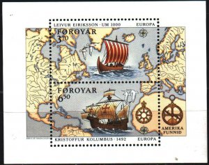 Faroe Islands. 1992. bl5. Sailboat, Discovery of America by the Vikings, Euro...