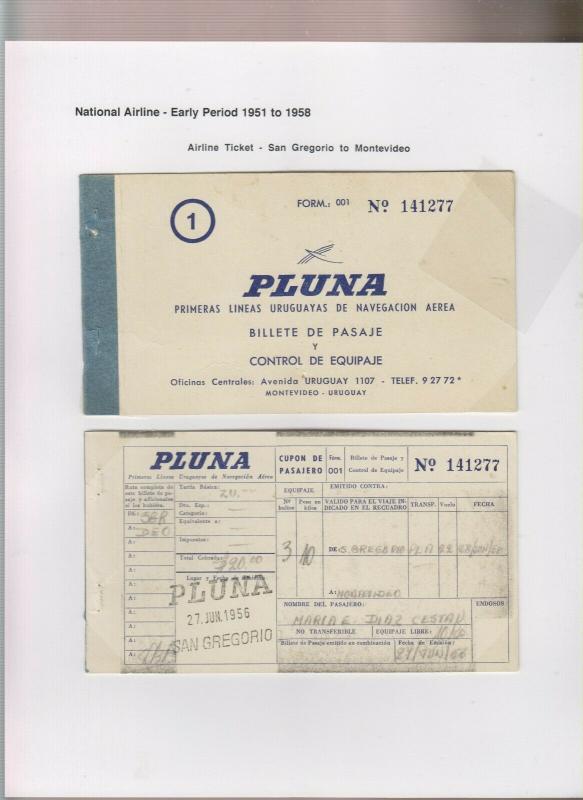 V. JM. O) 1956 URUGUAY, PLUNA SAN GREGORIO, ​PASSAGE TICKET AND LUGGAGE CONTROL