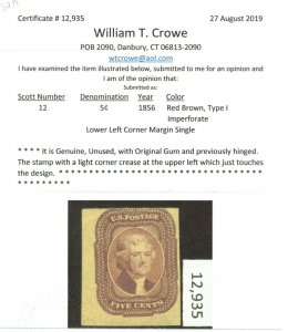 USA #12 Mint Fine+ Corner Margin Single **With Certificate**