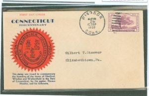 US 772 1935 3c Connecticut Tercentenary (Charter Oak) single on an addressed first day cover with a Kapner cachet and an unoffic