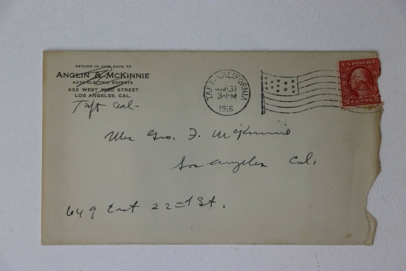 Vintage Anglin & McKinnie Auto Electric Letterhead Taft CA 1916 Flag Hand Cancel