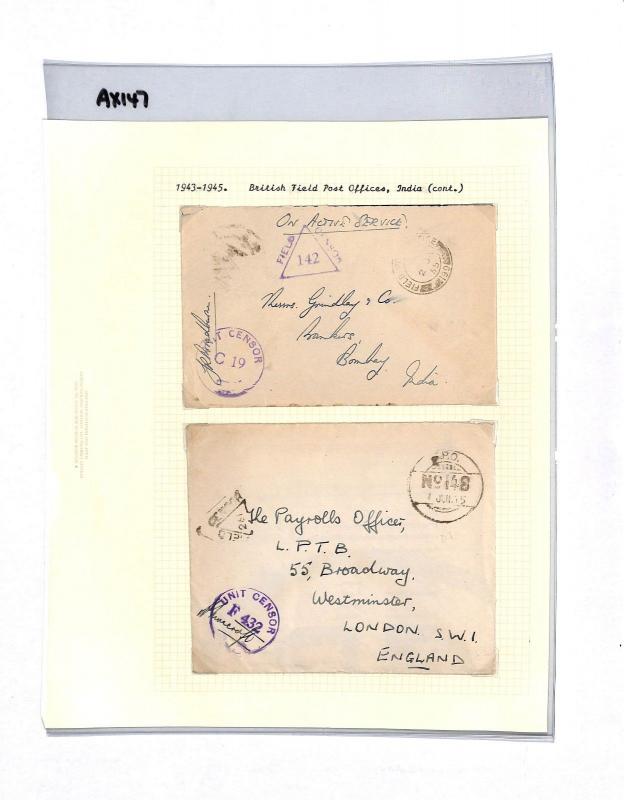 AX147 1943-45 WW2 INDIA British FPO Covers {2}