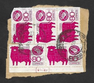 SD)1975-87 MEXICO  FRAGMENT WITH 5 STAMPS MEXICO EXPORTS LIVESTOCK AND MEAT