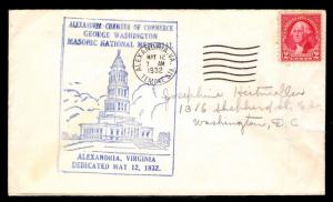 1932 ALEXANDRIA MASONIC NATIONAL MEMORIAL DEDICATION COVER - U.S. #707 (ESP#142)