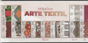 MEXICO TEXTILE ART, NEW DEFINITIVE ISSUE, SOUV SHEET WITH 13 STAMPS. MNH. VF.