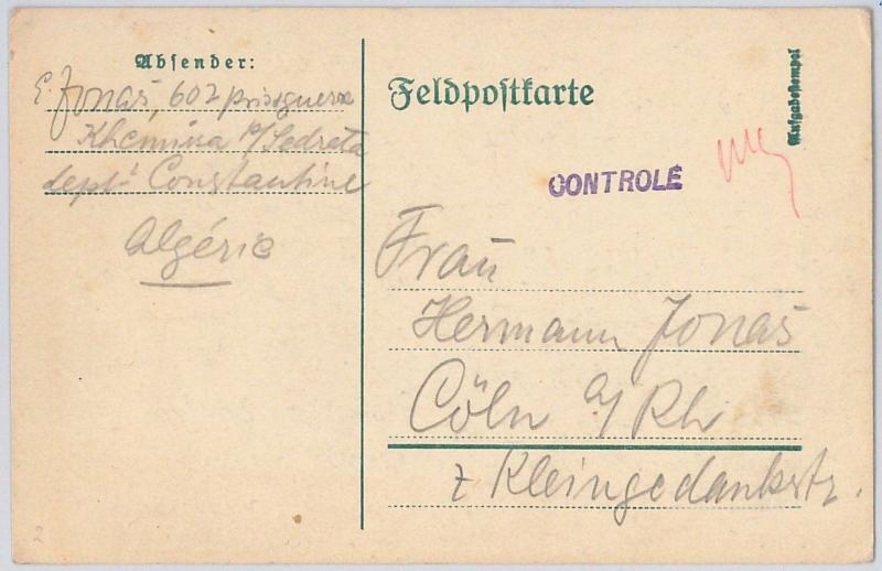 GERMANY - POSTAL HISTORY - COVER from  GERMAN POW in ALGERIA ! - 1915