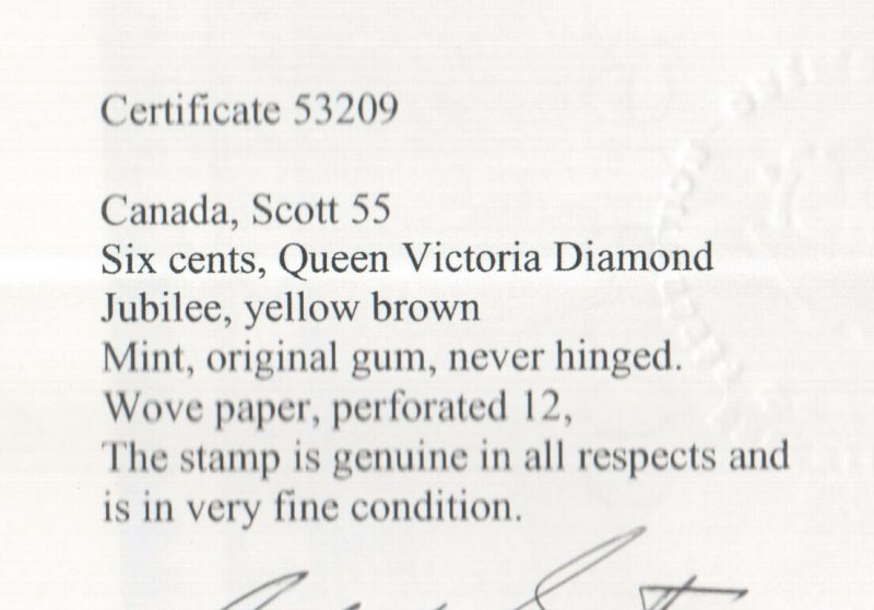 Canada #55 Very Fine Never Hinged **With Certificate**