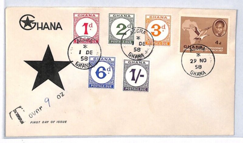 GHANA 1958 FDC *POSTAGE DUES* (Chalky) Set{5} ILLUSTRATED First Day Cover YR316