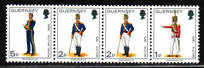 Guernsey # 96-98 ~ Strip of 4 ~ Uniforms ~ Mint, NH