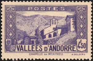 Andorra (French) #60C  MOG - 4.50fr dp-vio Vallees d'Andorre (1942)