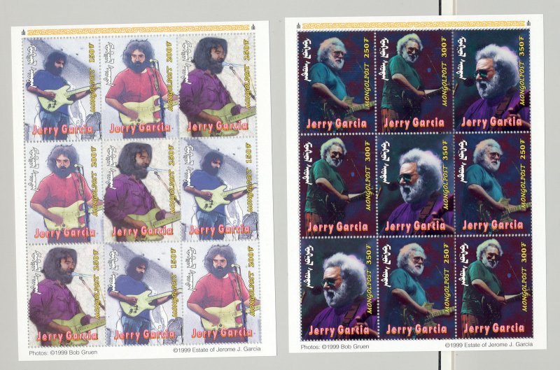 Mongolia #2328A-E Jerry Garcia, Music 5v M/S of 3 Strips of 3