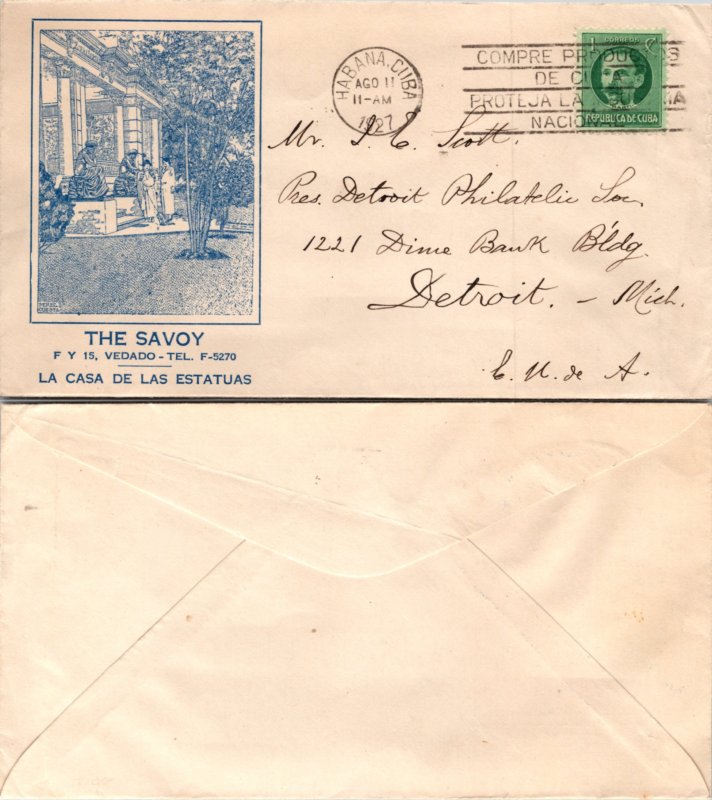 1927 Cuba Slogan Cancel to United States with Hotel (The Savoy) ( Postal Hist...