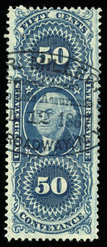 B166 U.S. Revenue Scott R54c 50-cent Conveyance, large agent handstamp cancel