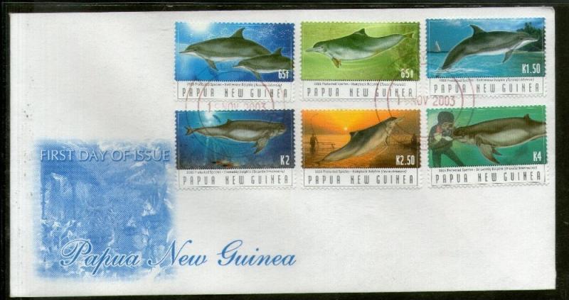 Papua New Guinea 2003 Endangered Dolphins Marine Life Fish Sc 1092-97 FDC # 1...