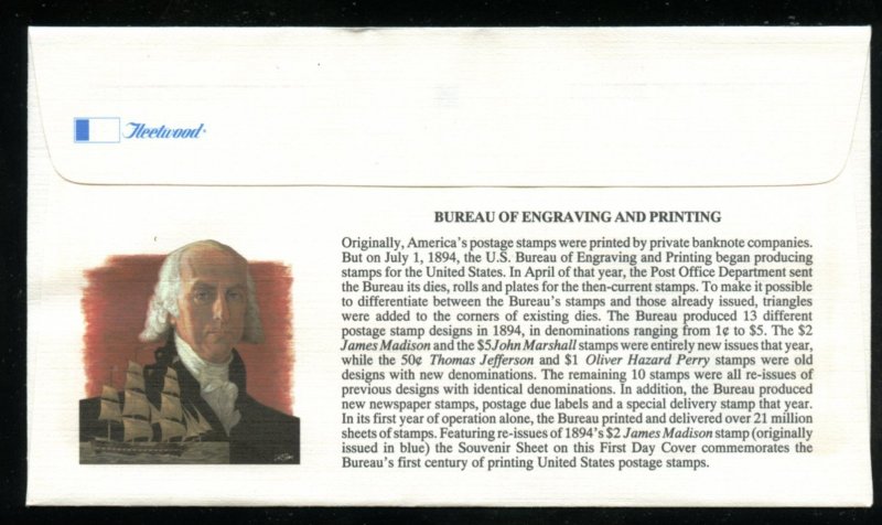 US 2875 $2 Bureau Engraving & Printing pane 4 UA Fleetwood cachet FDC