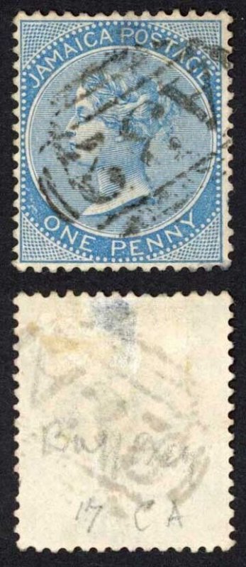 Jamaica SG17 1d Blue (THIN) Wmk CA Buff Bay A32 Pmk