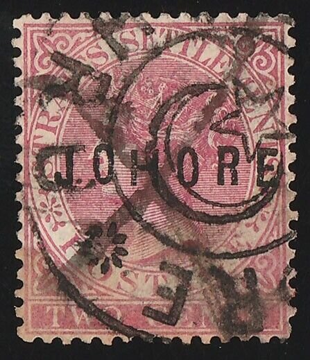 MALAYA - JOHORE 1884 'JOHORE' on QV Straits 2c SG type 5. cat £800. Rare stamp.