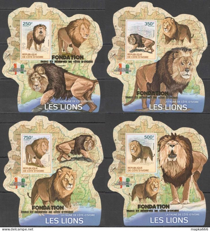 Lx235 Imperf Gold 2014 Ivory Coast Lions Wild Cats #1599-2 Uv Cardboard 4Bl Mnh