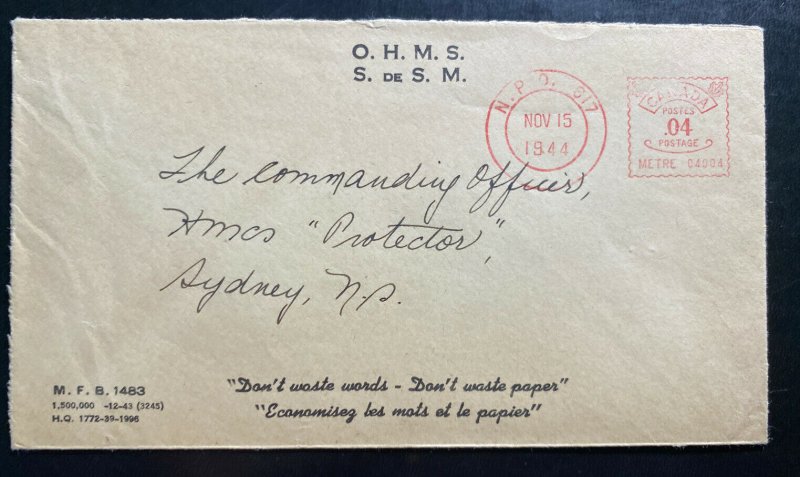 1944 Navy Post Office Canada OHMS Meter Cancel Cover to Sydney