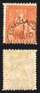 Barbados SG57 4d Dull Vermilion wmk Small Star Perf 11 to 13 x 14.5 to 15.5