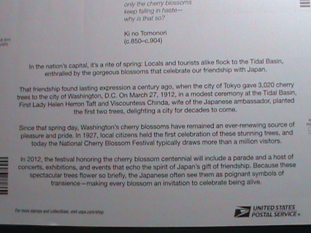 ​UNITED STATES-2012-SC# 4651-2- CHERRY BLOSSOM WASHINGTON D.C.- SHEET MNH-VF