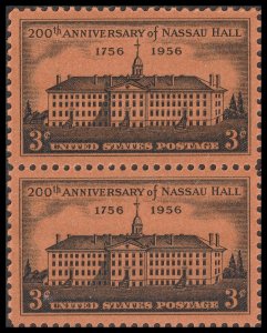 US 1083 200th Annv of Nassau Hall 3c vert pair MNH 1956