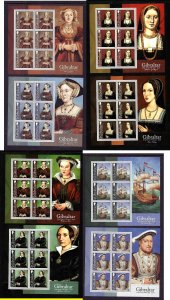 Gibraltar-Sc#1173-80-eight unused NH sheets-Ships-King Henry VIII Accession-Wive