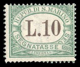 San Marino #J18 Cat$350, 1924 10L green and brown, ligjtly hinged