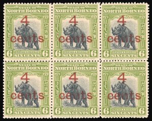 North Borneo 1916 4c on 6c block s in cents INVERTED var MNH. SG 187, 187a.