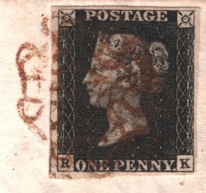 GB 1840 PENNY BLACK Cover BROWN MX *Bo'ness* 1d Plate 8 (RK) 1841 Cat £9,500 16m 
