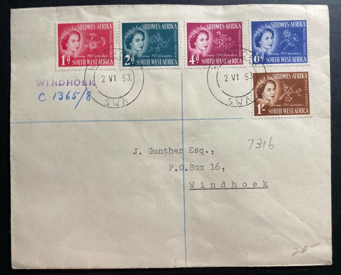 1953 Windhoek South West Africa Cover Locally used Queen Elizabeth 2