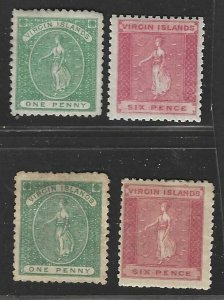 VIRGIN ISLANDS 1866 S.G. # 1, 2 MINT NEVER HINGED 5-6 #5 NO GUM #6 HINGED