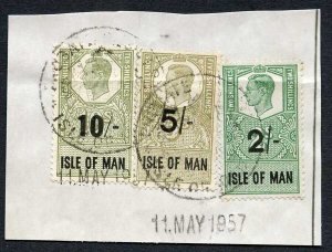 Isle of Man KGVI 10/- + 2/- + 5/- Key Plate Type Revenues CDS on Piece