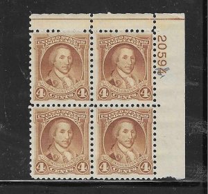 US #709 1932 WASHINGTON ISSUE 4C (BROWN) PLATE# BLOCK OF 4 - MINT NEVER HINGED