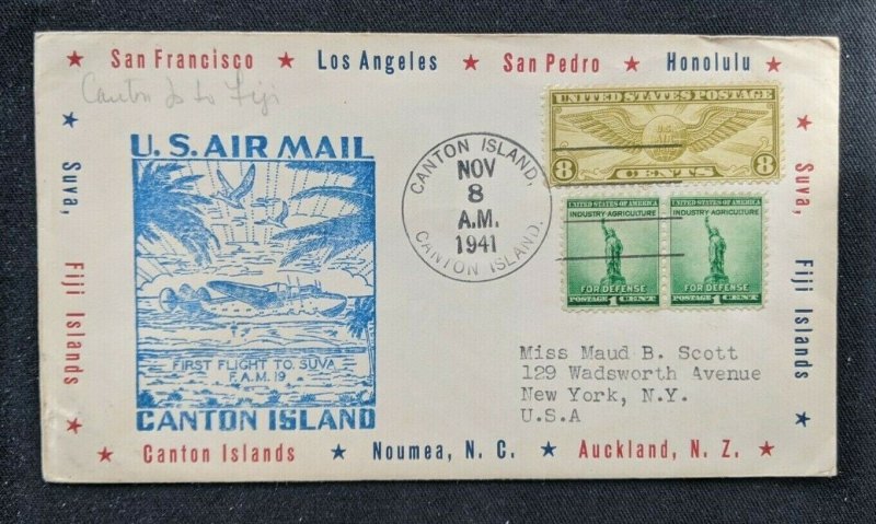 1941 Canton Island First Flight Airmail Cover to New York City Via Fiji