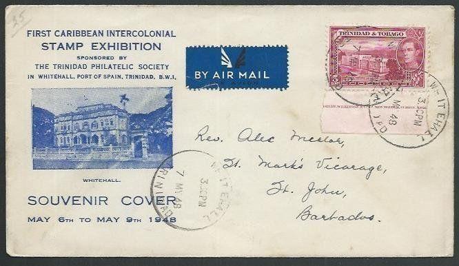 TRINIDAD 1948 Stamp Exhibition cover- WHITEHALL skeleton cds...............59849