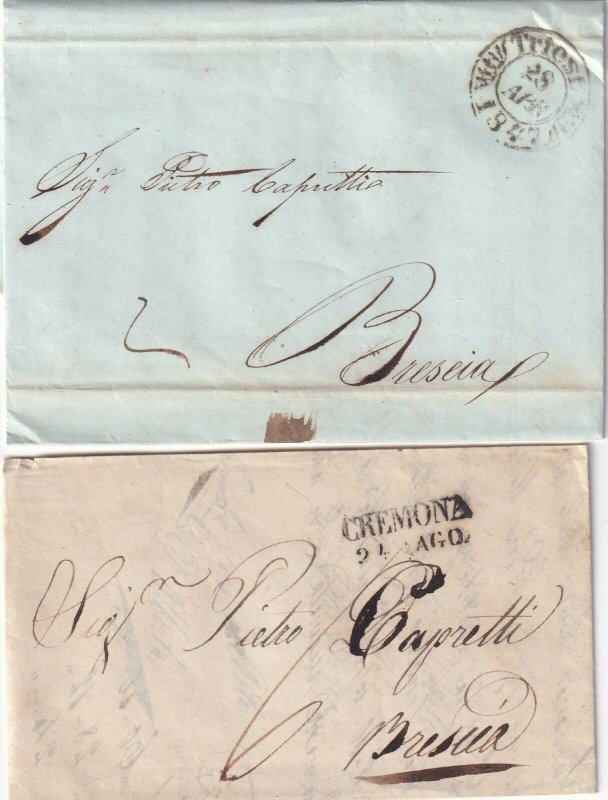 ITALY POSTAL HISTORY 2 STAMPLESS SFL WITH CORRESPONDENCE CREMONA TRIEST