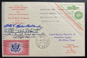 1936 Reynosa Tamps Mexico First Rocket Flight Mail cover To McAllen USA Signed W