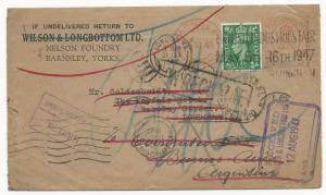 Great Britain Scott #258 on Cover FWD & Transit Stamps to Argentina 1947