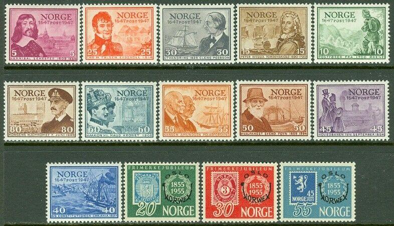 EDW1949SELL : NORWAY 1947-55 Scott #279-89, 340-42 Both Cplt sets VFMNH Cat $107