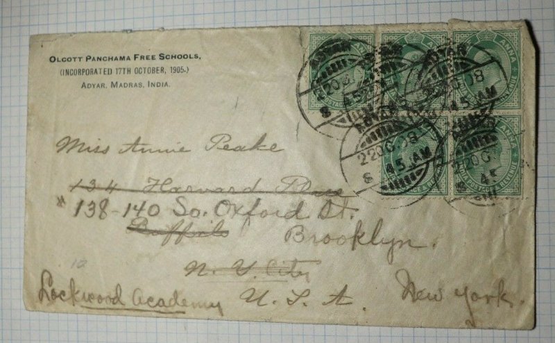 India Event Cover to USA 1908 Forwarded Olcoft Panchama School Adyar Madras