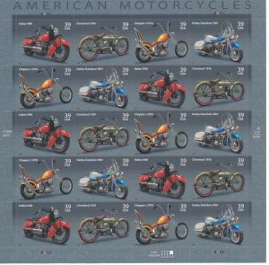 Scott 4085-4088 Motorcycles Pane of 20 MNH stamps