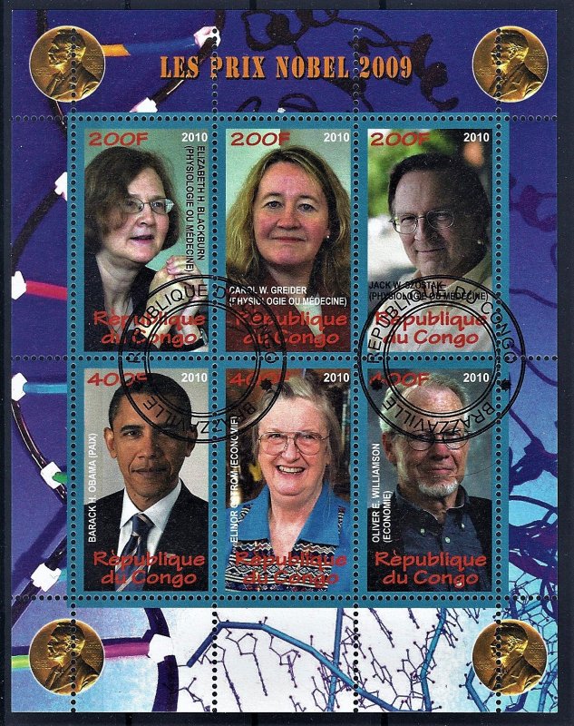 Congo 2010 mini souvenir sheet of 6 CTO 2009 Nobel Prize winners including Obama