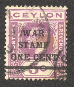 Ceylon Scott MR4 Used LH - 1918 War Tax Overprint - SCV $0.45