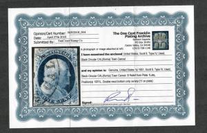 US Sc#9 Used/EF, Doporto Cert, Recut Twice Bottom, POS 10R1l, Sm. Thin, Cv. $100