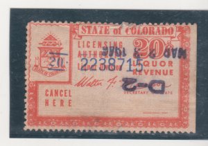 Colorado Liquor State Revenue Tax Stamp. 20 Cents. Used