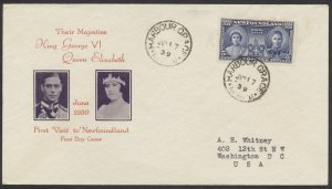 1939 Newfoundland #249 Royal Visit FDC Ioor Cachet Harbour Grace CDS