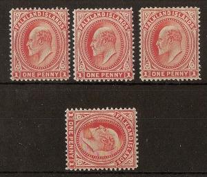 Falklands 1904 EDVII 1d SG44/Shades Mint (4v)