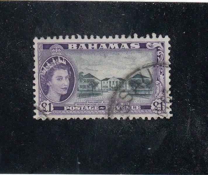 BAHAMAS # 173 VF-£1 PARLIAMENT BUILDING CORNER CANCEL