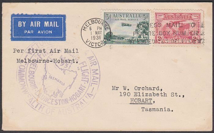 AUSTRALIA 1931 first flight cover Melbourne to Hobart, Tasmania.............N546